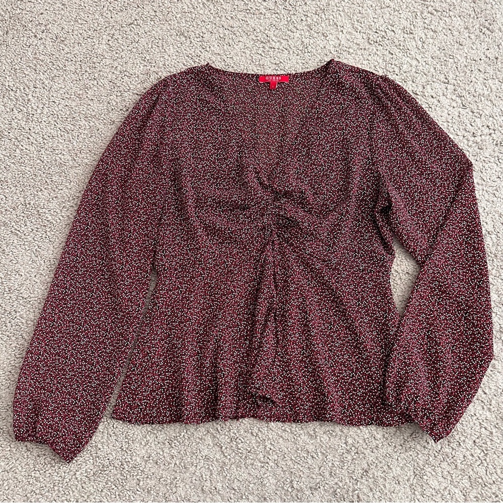 Guess Mini Polka Dot Semi Sheer Blouse Top Womens L